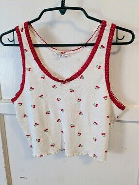 Love, Peace & Lazy Days:  Cherry Print Cropped Tank Top with Red Trim, XL